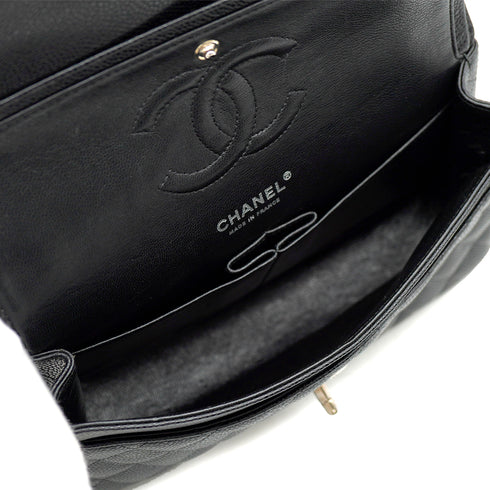 CHANEL CLASSIC FLAP MEDIUM CHAIN SHOULDER BAG BLACK CAVIAR SKIN SILVER HARDWARE 90341457