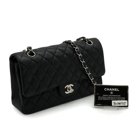 CHANEL CLASSIC FLAP MEDIUM CHAIN SHOULDER BAG BLACK CAVIAR SKIN SILVER HARDWARE 90341915