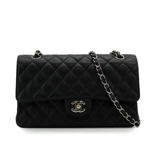 CHANEL CLASSIC FLAP MEDIUM CHAIN SHOULDER BAG BLACK CAVIAR SKIN SILVER HARDWARE 90341915
