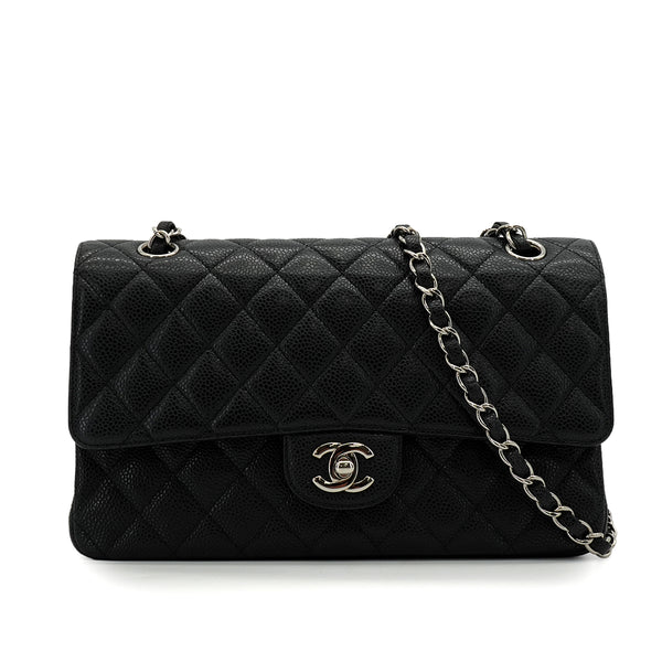 CHANEL CLASSIC FLAP MEDIUM CHAIN SHOULDER BAG BLACK CAVIAR SKIN SILVER HARDWARE 90341915