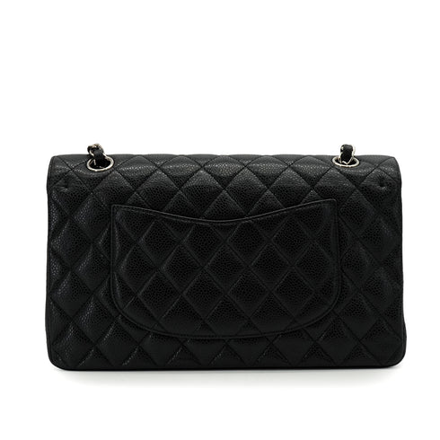CHANEL CLASSIC FLAP MEDIUM CHAIN SHOULDER BAG BLACK CAVIAR SKIN SILVER HARDWARE 90341915