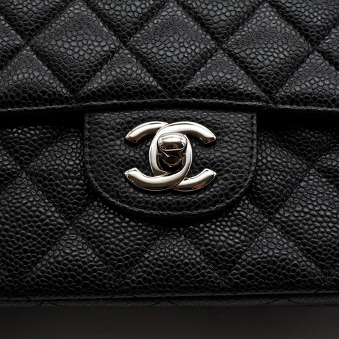 CHANEL CLASSIC FLAP MEDIUM CHAIN SHOULDER BAG BLACK CAVIAR SKIN SILVER HARDWARE 90341915