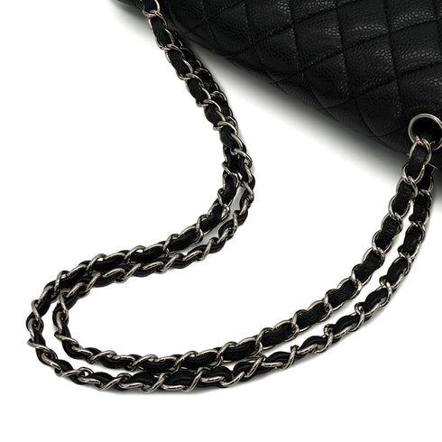 CHANEL CLASSIC FLAP MEDIUM CHAIN SHOULDER BAG BLACK CAVIAR SKIN SILVER HARDWARE 90341915
