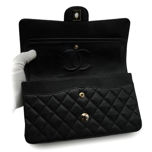 CHANEL CLASSIC FLAP MEDIUM CHAIN SHOULDER BAG BLACK CAVIAR SKIN SILVER HARDWARE 90341915