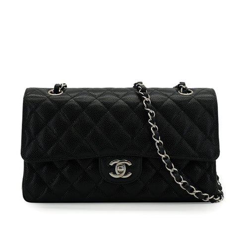 CHANEL CLASSIC FLAP MEDIUM CHAIN SHOULDER BAG BLACK CAVIAR SKIN SILVER HARDWARE 90340177