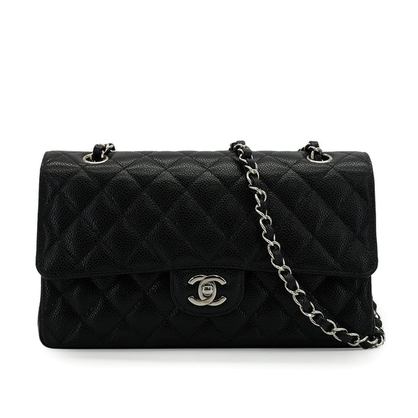 CHANEL CLASSIC FLAP MEDIUM CHAIN SHOULDER BAG BLACK CAVIAR SKIN SILVER HARDWARE 90340177