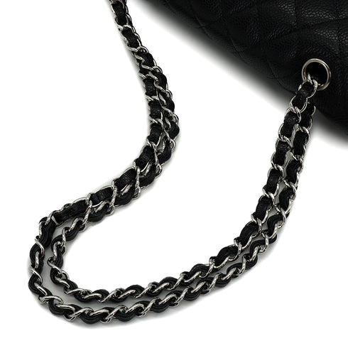 CHANEL CLASSIC FLAP MEDIUM CHAIN SHOULDER BAG BLACK CAVIAR SKIN SILVER HARDWARE 90340177