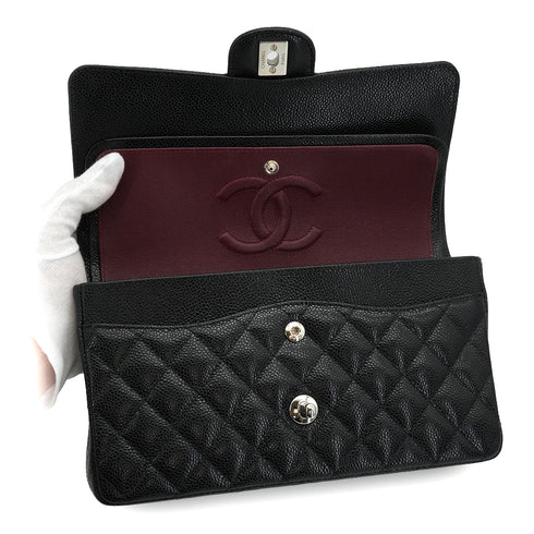 CHANEL CLASSIC FLAP MEDIUM CHAIN SHOULDER BAG BLACK CAVIAR SKIN SILVER HARDWARE 90340177