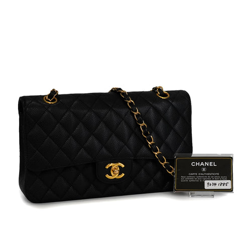 CHANEL CLASSIC FLAP MEDIUM CHAIN SHOULDER BAG BLACK LAMB SKIN GOLD HARDWARE 90341885