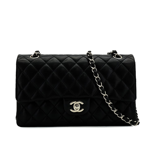 CHANEL CLASSIC FLAP MEDIUM CHAIN SHOULDER BAG BLACK LAMB SKIN SILVER HARDWARE 90343944