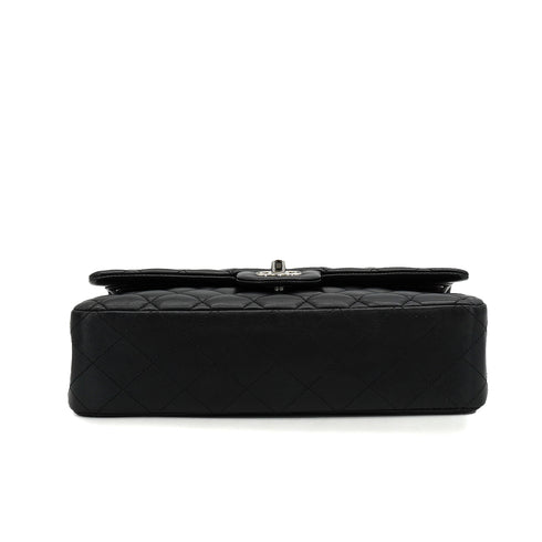 CHANEL CLASSIC FLAP MEDIUM CHAIN SHOULDER BAG BLACK LAMB SKIN SILVER HARDWARE 90343944