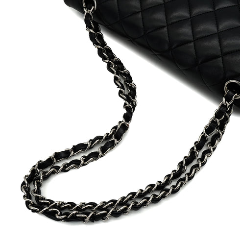 CHANEL CLASSIC FLAP MEDIUM CHAIN SHOULDER BAG BLACK LAMB SKIN SILVER HARDWARE 90343944