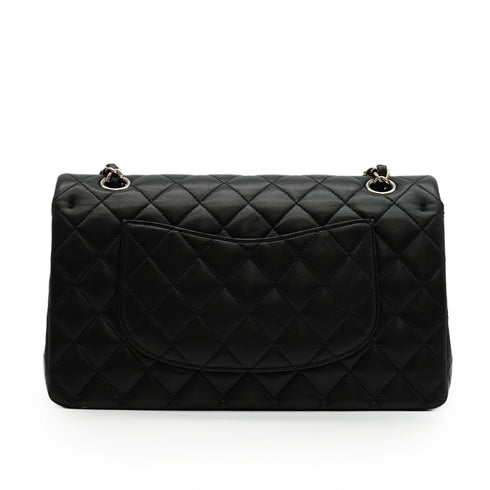 CHANEL CLASSIC FLAP MEDIUM CHAIN SHOULDER BAG BLACK LAMB SKIN SILVER HARDWARE 90348333