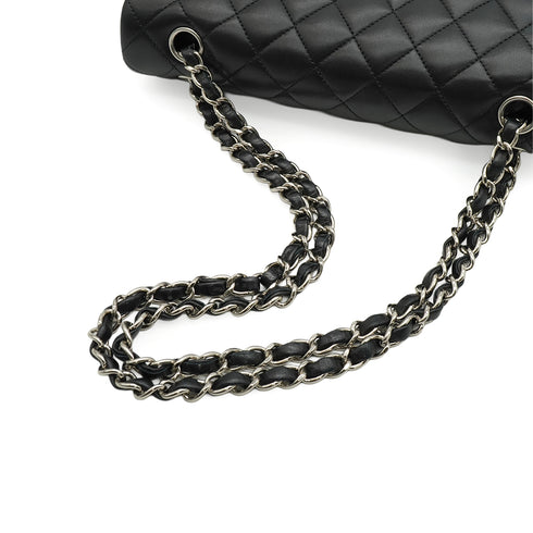 CHANEL CLASSIC FLAP MEDIUM CHAIN SHOULDER BAG BLACK LAMB SKIN SILVER HARDWARE 90348333