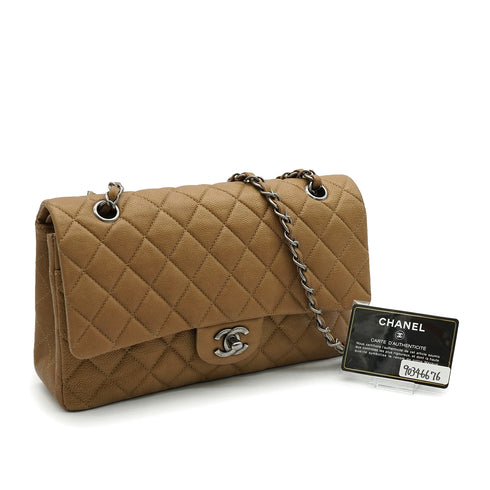 CHANEL CLASSIC FLAP MEDIUM CHAIN SHOULDER BAG BROWN CAVIR SKIN SILVER HARDWARE 90346676
