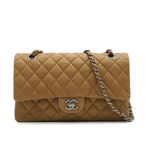 CHANEL CLASSIC FLAP MEDIUM CHAIN SHOULDER BAG BROWN CAVIR SKIN SILVER HARDWARE 90346676