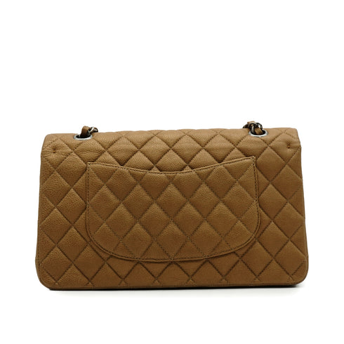 CHANEL CLASSIC FLAP MEDIUM CHAIN SHOULDER BAG BROWN CAVIR SKIN SILVER HARDWARE 90346676