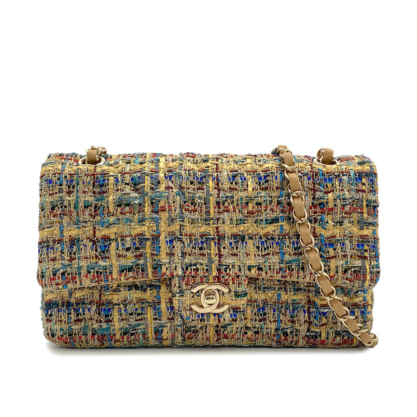CHANEL CLASSIC FLAP MEDIUM CHAIN SHOULDER BAG MULTICOLOR TWEED GOLD HARDWARE 90317901