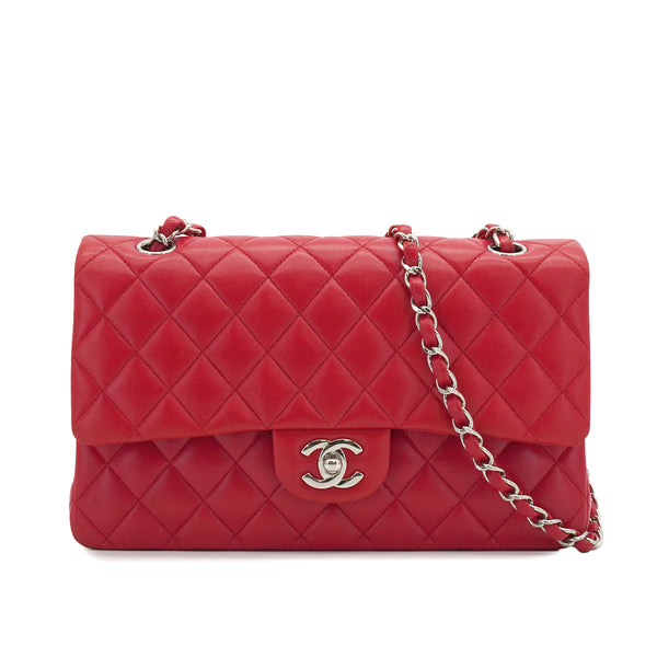 CHANEL CLASSIC FLAP MEDIUM CHAIN SHOULDER BAG PINK LAMB SKIN SILVER HARDWARE 90336794