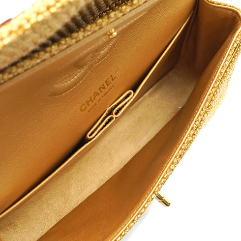 CHANEL CLASSIC FLAP MEDIUM CHAIN SHOULDER BAG RAFFIA MIRROR METALLIC GOLD LAMB SKIN GOLD HARDWARE 90347161