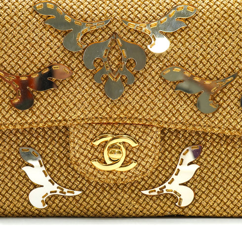 CHANEL CLASSIC FLAP MEDIUM CHAIN SHOULDER BAG RAFFIA MIRROR METALLIC GOLD LAMB SKIN GOLD HARDWARE 90347161