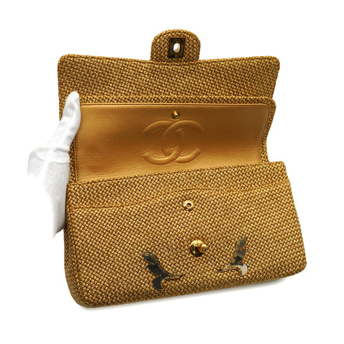 CHANEL CLASSIC FLAP MEDIUM CHAIN SHOULDER BAG RAFFIA MIRROR METALLIC GOLD LAMB SKIN GOLD HARDWARE 90347161