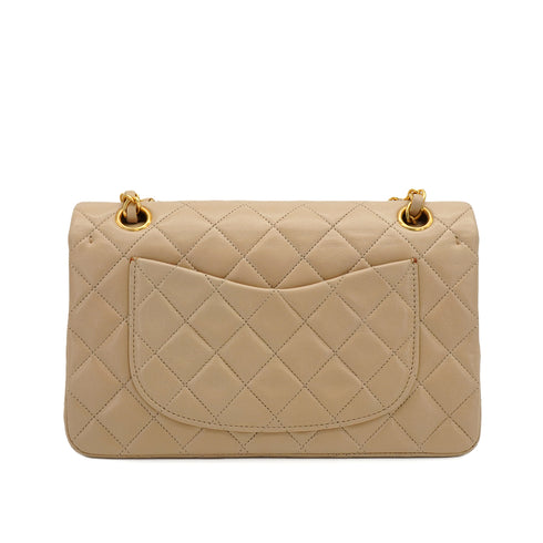 VINTAGE CHANEL CLASSIC FLAP SMALL CHAIN SHOULDER BAG BEIGE LAMB SKIN GOLD HARDWARE 90348484