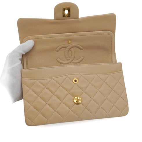 VINTAGE CHANEL CLASSIC FLAP SMALL CHAIN SHOULDER BAG BEIGE LAMB SKIN GOLD HARDWARE 90348484