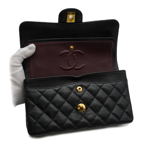 CHANEL CLASSIC FLAP SMALL CHAIN SHOULDER BAG BLACK CAVIAR SKIN GOLD HARDWARE 90335791