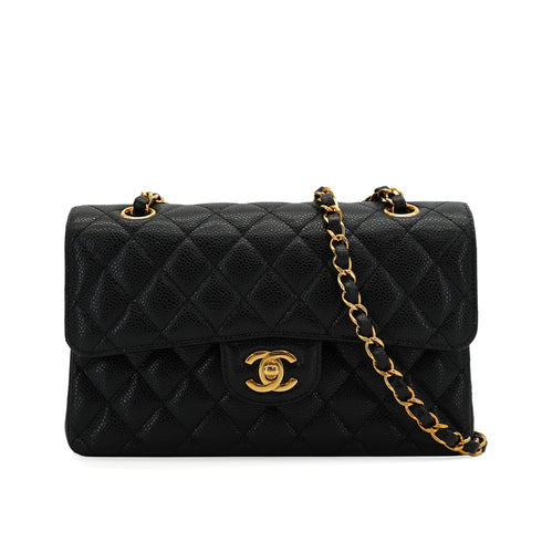 CHANEL CLASSIC FLAP SMALL CHAIN SHOULDER BAG BLACK CAVIAR SKIN GOLD HARDWARE 90350420