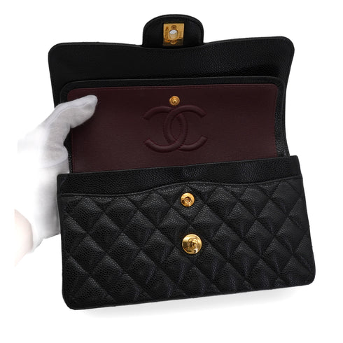 CHANEL CLASSIC FLAP SMALL CHAIN SHOULDER BAG BLACK CAVIAR SKIN GOLD HARDWARE 90350420