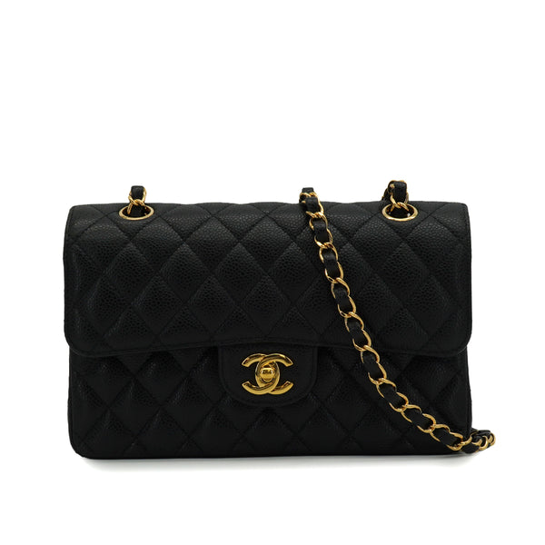 CHANEL CLASSIC FLAP SMALL CHAIN SHOULDER BAG BLACK CAVIAR SKIN GOLD HARDWARE 90351089