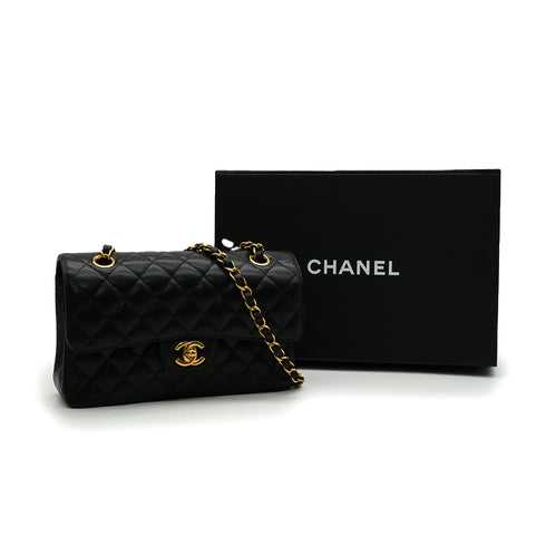 CHANEL CLASSIC FLAP SMALL CHAIN SHOULDER BAG BLACK CAVIR SKIN GOLD HARDWARE 90348530