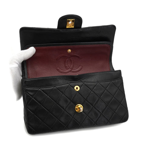 CHANEL CLASSIC FLAP SMALL CHAIN SHOULDER BAG BLACK LAMB SKIN GOLD HARDWARE 90334870