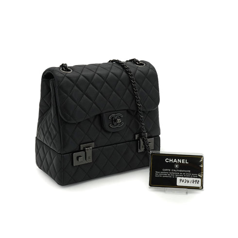 CHANEL COCKPIT FLAP CHAIN SHOULDER BAG BLACK LAMB SKIN BLACK HARDWARE 90341898
