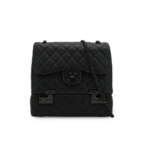 CHANEL COCKPIT FLAP CHAIN SHOULDER BAG BLACK LAMB SKIN BLACK HARDWARE 90341898