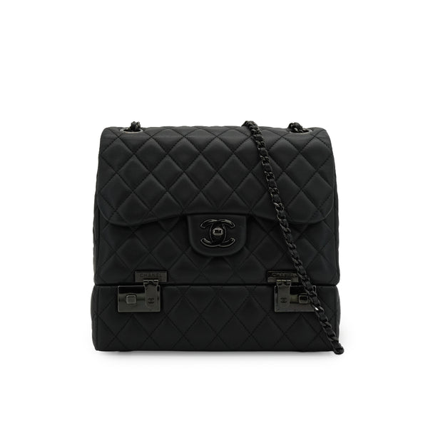 CHANEL COCKPIT FLAP CHAIN SHOULDER BAG BLACK LAMB SKIN BLACK HARDWARE 90341898