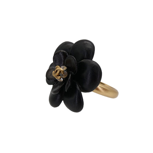 CHANEL COCOMARK CAMELLIA RING RHINESTONE BLACK GOLD ACCESSORY 02A 90321060