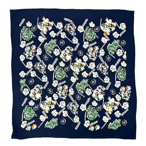 CHANEL COCOMARK CAMELLIA SCARF WHITE NAVY SILK 90329022