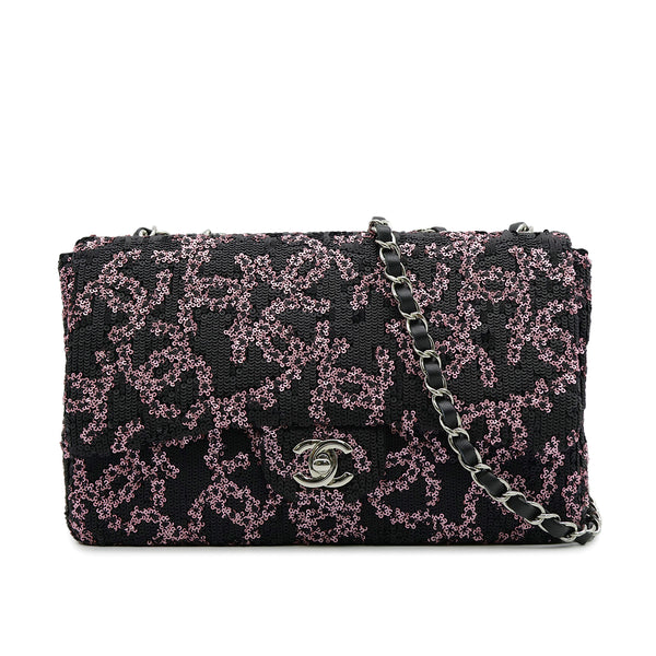 CHANEL COCOMARK CHAIN SHOULDER BAG BLACK PINK SEQUINS LEATHER SILVER HARDWARE 90319985