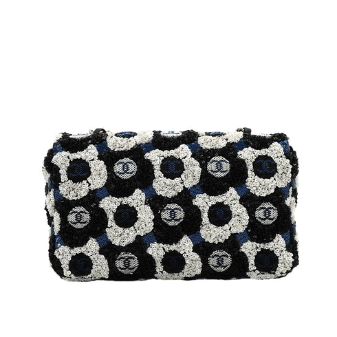 CHANEL COCOMARK CAMELLIA CHAIN SHOULDER BAG BLACK WHITE NAVY SEQUINS SILVER HARDWARE 90334167