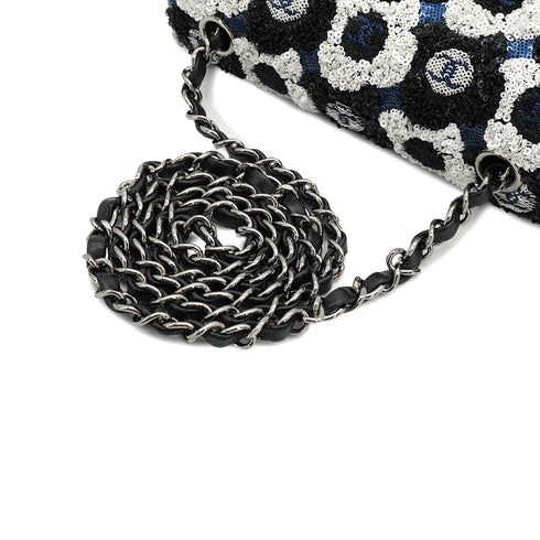 CHANEL COCOMARK CAMELLIA CHAIN SHOULDER BAG BLACK WHITE NAVY SEQUINS SILVER HARDWARE 90334167