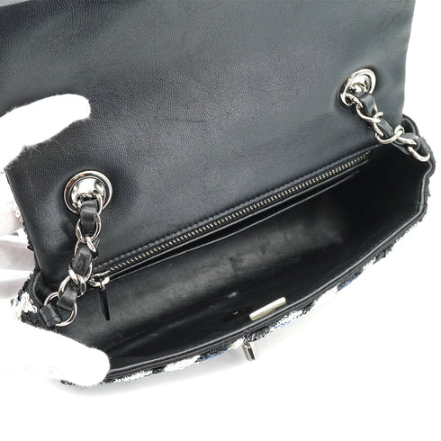 CHANEL COCOMARK CAMELLIA CHAIN SHOULDER BAG BLACK WHITE NAVY SEQUINS SILVER HARDWARE 90334167