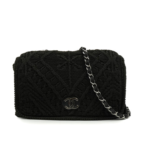 VINTAGE CHANEL COCOMARK CROCHET CHAIN SHOULDER BAG BLACK WOOL KNIT SILVER HARDWARE 90340917