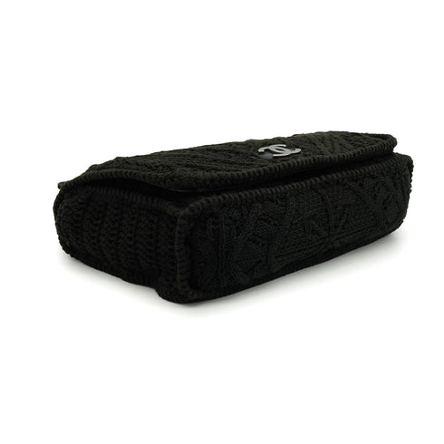 VINTAGE CHANEL COCOMARK CROCHET CHAIN SHOULDER BAG BLACK WOOL KNIT SILVER HARDWARE 90340917
