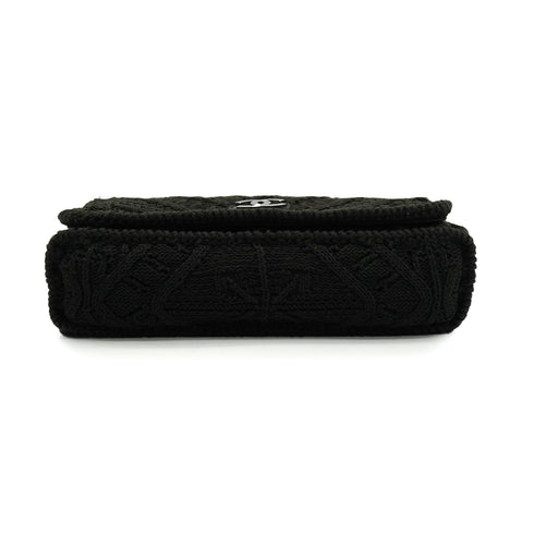 VINTAGE CHANEL COCOMARK CROCHET CHAIN SHOULDER BAG BLACK WOOL KNIT SILVER HARDWARE 90340917