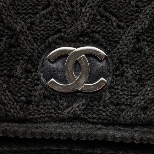 VINTAGE CHANEL COCOMARK CROCHET CHAIN SHOULDER BAG BLACK WOOL KNIT SILVER HARDWARE 90340917