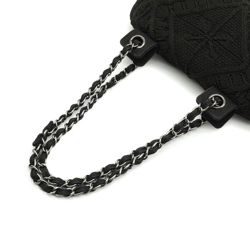 VINTAGE CHANEL COCOMARK CROCHET CHAIN SHOULDER BAG BLACK WOOL KNIT SILVER HARDWARE 90340917