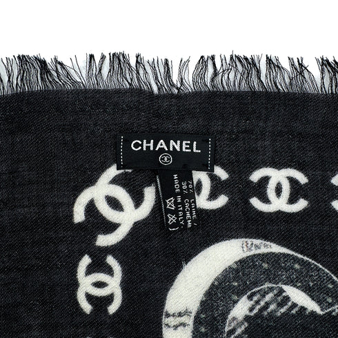 CHANEL COCOMARK LOGO STOLE BLACK WHITE WOOL CASHMERE ACCESSORY 90312003