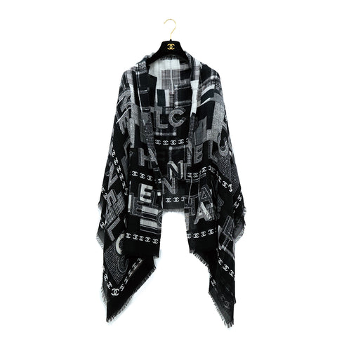 CHANEL COCOMARK LOGO STOLE BLACK WHITE WOOL CASHMERE ACCESSORY 90312003